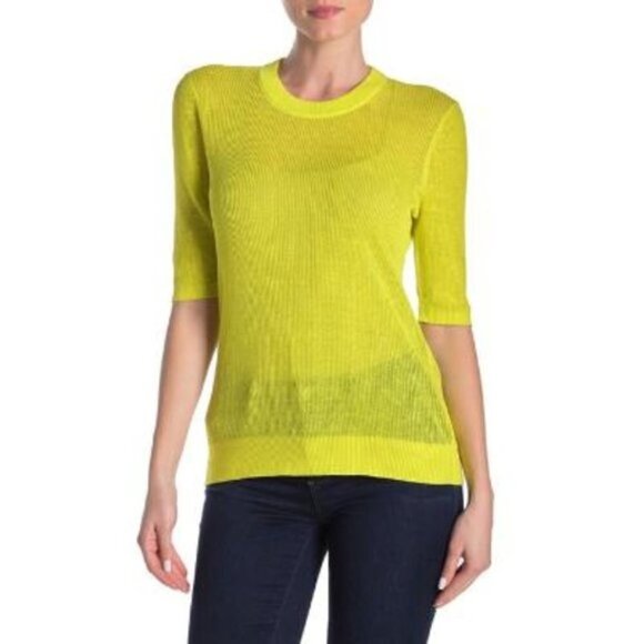 Veronica Beard Womens Chartreuse Crew Elbow Sleeve Linen Blend Sweater Sz S New - Picture 1 of 9